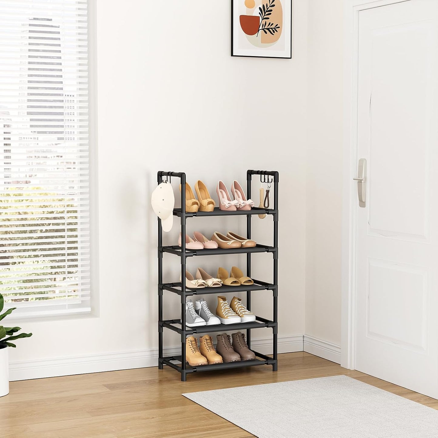 LANTEFUL 10 Tiers Tall Shoe Rack 20-25 Pairs Boots Organizer Storage Sturdy Narrow Shoe Shelf for Entryway, Closets with Hooks, Black