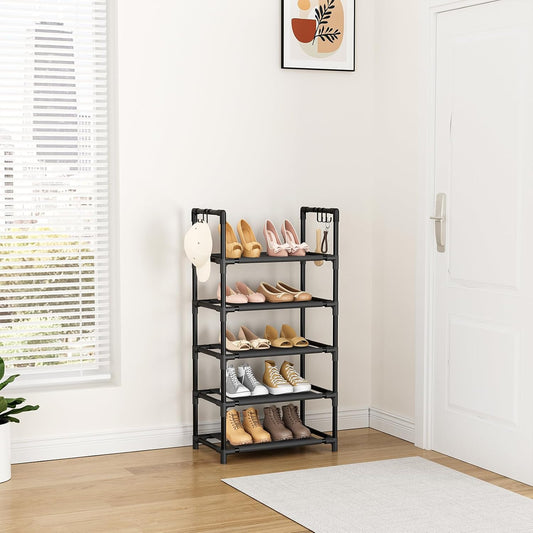 LANTEFUL 10 Tiers Tall Shoe Rack 20-25 Pairs Boots Organizer Storage Sturdy Narrow Shoe Shelf for Entryway, Closets with Hooks, Black
