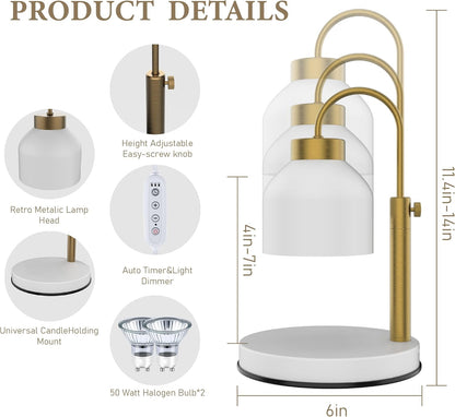 AIKUT Candle Warmer Lamp, with 2 Bulbs,Timer & Dimmer,Compatible with Large Yankee Candle Jars,3 Wick Candles,Height Adjustable Electric Top Candle Melter,White,110-120v