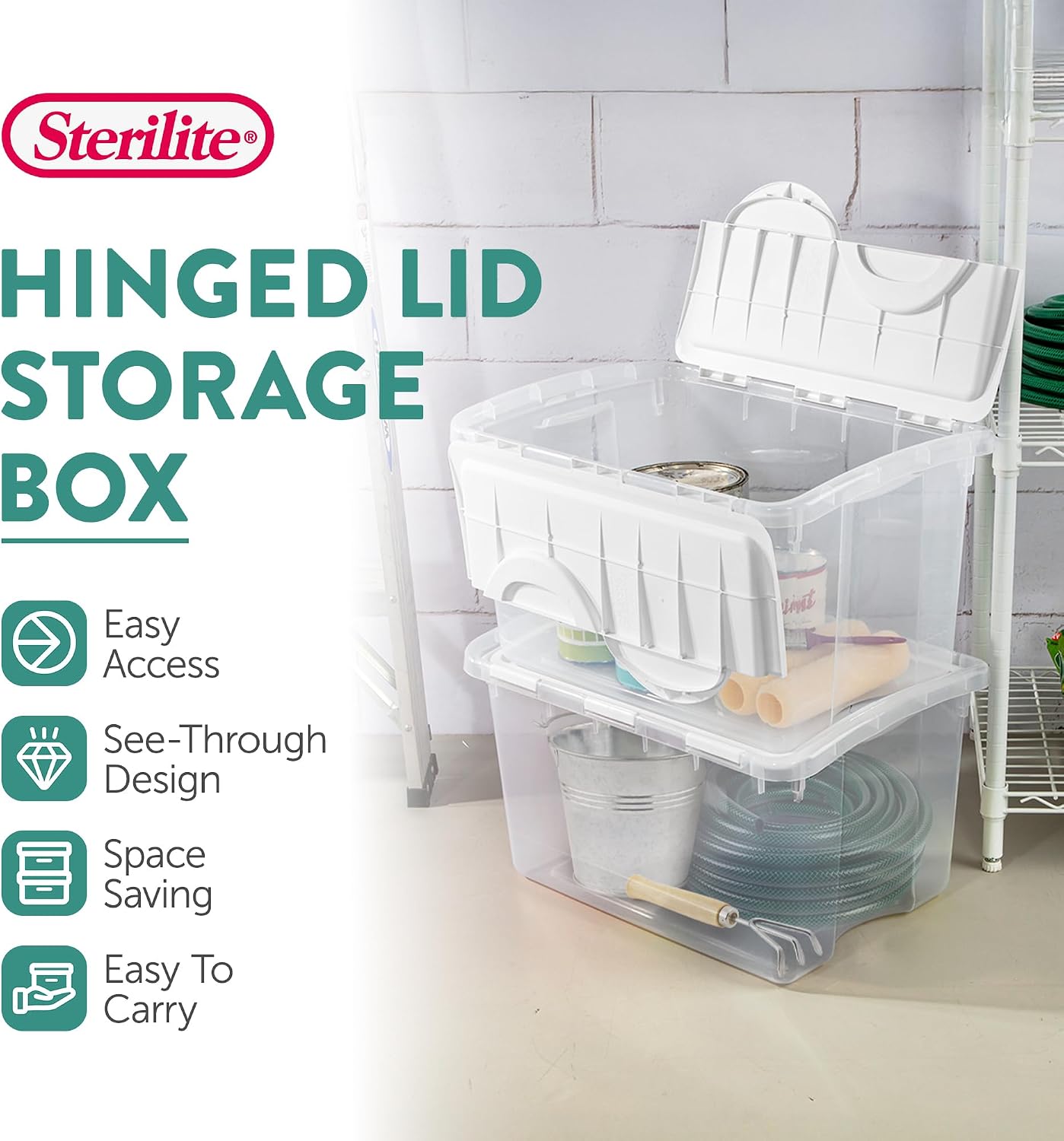 Sterilite 6 Pack Storage Box, 41 Quart Stackable Tote, Clear Plastic Container with Secure Snapping White Lids for Home and Office Organization