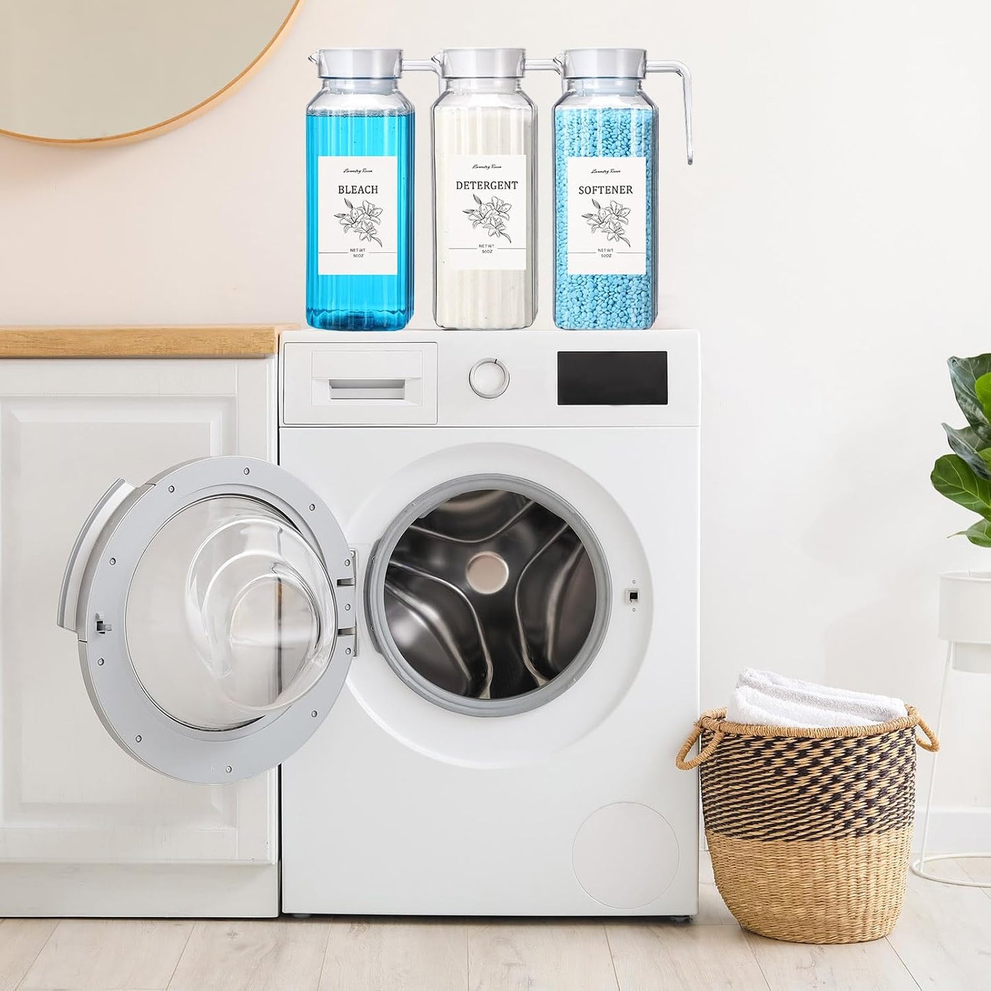 Potchen 3 Pack Laundry Detergent Dispenser Set, Clear Acrylic Liquid Detergent Container with Labels & Measuring Cups, Fabric Softener Dispenser for Laundry Room Organization(50 oz)