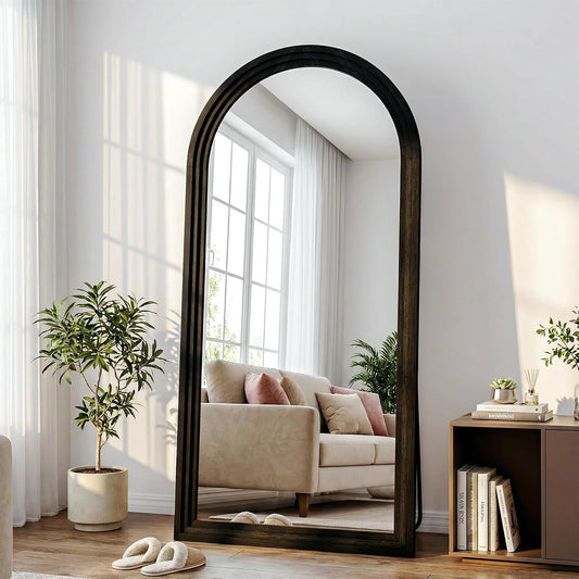 30"x71" Full Length Mirror Solid Wood Frame, Arched Floor Mirror Full Length with Stand, Room Decor Big Full Body Mirror with HD Tempered Glass for Bedroom, Living Room, Walnut Wood
