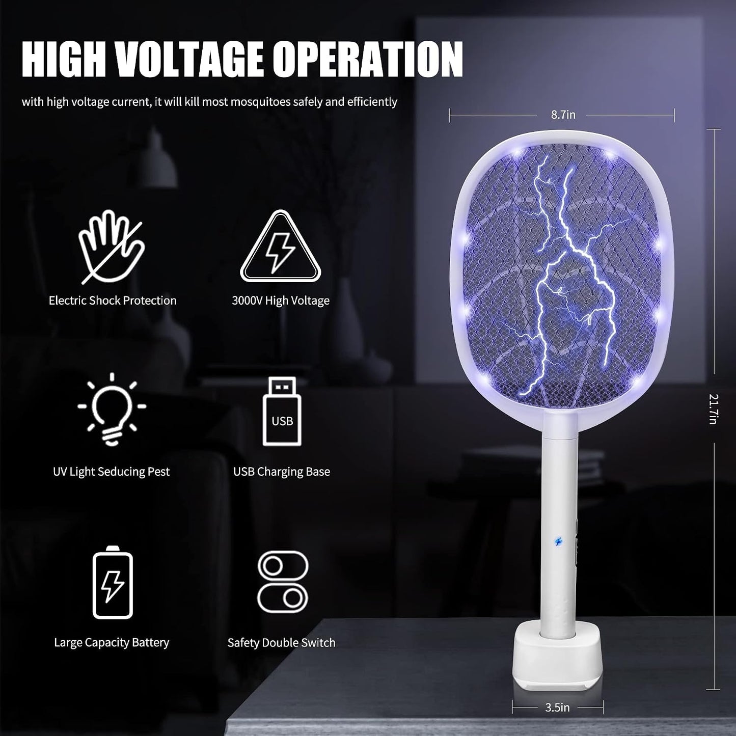 Lulu Home 2-in-1 Electric Bug Zapper Racket, 2 Pack 4000V High Voltage LED Lighted Handheld Mosquito Swatter with 3 Layer Safety Mesh, USB Charging Portable Fly Killer Racquet