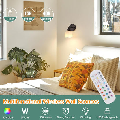 Shenmoyl Vintage Battery Operated Wall Sconce with Transparent Tulip Glass Lampshade Rechargeable Battery Powered Wall Light with Remote Control for Bedside Bedroom Doorway, Set of 2