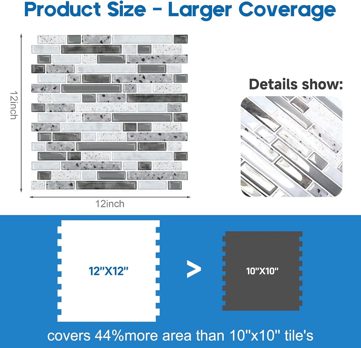 Yipscazo 10 Sheets Peel and Stick Backsplash for Kitchen Wall, 12''x12'' Waterproof Stick on Backsplash Smart Tiles for Bathroom,Removable Backsplash Wall Tiles in Gray White