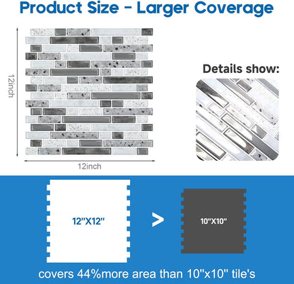Yipscazo 10 Sheets Peel and Stick Backsplash for Kitchen Wall, 12''x12'' Waterproof Stick on Backsplash Smart Tiles for Bathroom,Removable Backsplash Wall Tiles in Gray White