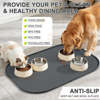 SMILOOL Silicone Pet Food Mat with Raised Edge for Food and Water Bowl, Dog Feeding Mats, Cat Food Trays for Floor Waterproof, Rubber Tray for Dogs and Cats, 19 x 12 x 0.7 Black