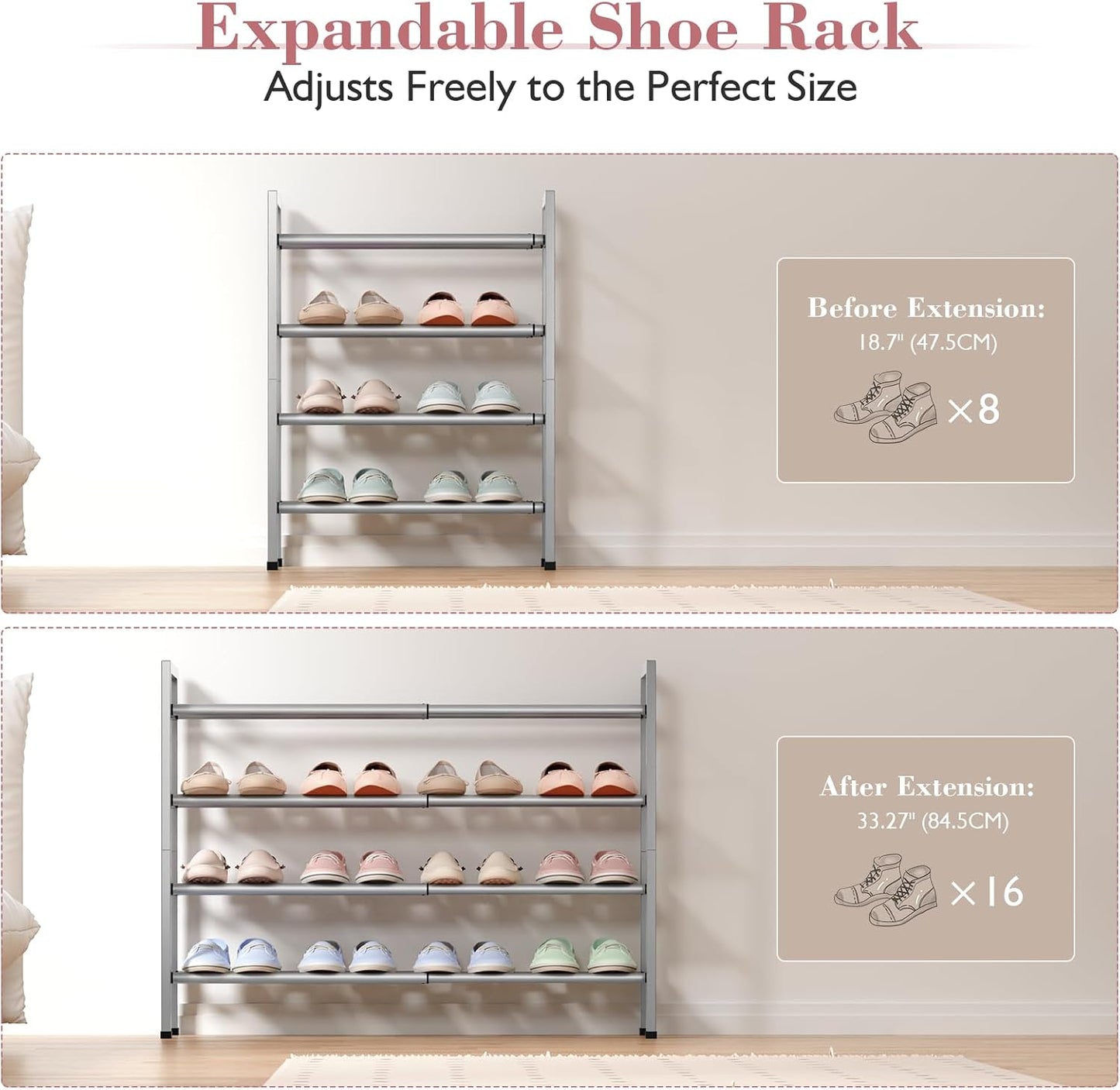 Bumusty 3-Tier Expandable Shoe Rack for Closet, 18“-33” Adjustable Shoe Rack for Small Space, Small Shoe Organizer for Front Door, Sturdy Metal, Black