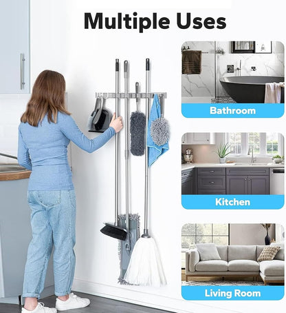 Broom Holder Wall Mount Movable Hooks and Clips Mop and Broom Hanger Wall Mounted Aluminum Garage Tool Organizer Storage Adhesive (Silver: 5 clips with 6 hooks)