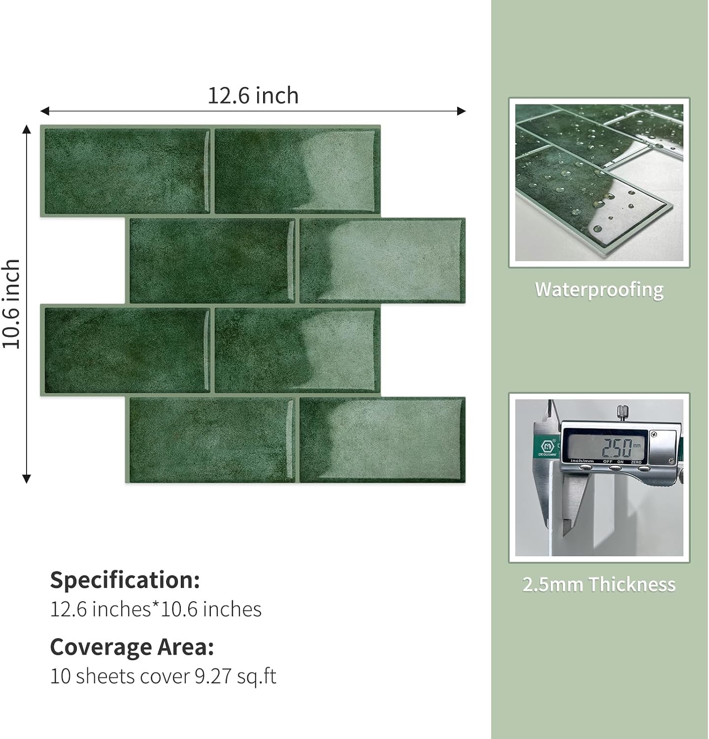 10-Sheet Thick Peel and Stick Kitchen Backsplash Tiles(Green,12"×12") | 3D Subway Waterproof Self-Adhesive Wall Tile Stick on Backsplash for Kitchen and Bathroom