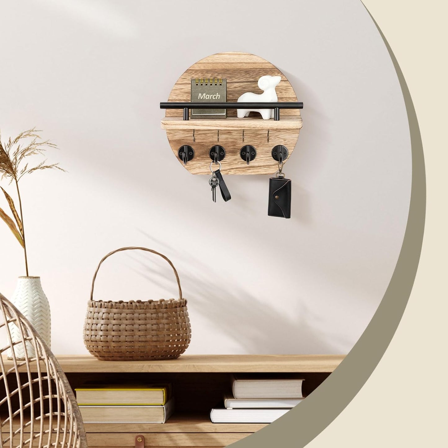 Nekon Key Holder for Wall - 9.8 Inch Apartment Wall Decor with Shelf and 8 Key Hooks, Circular Wood Key Hanger for Home Decor (Black with Golden Hooks)