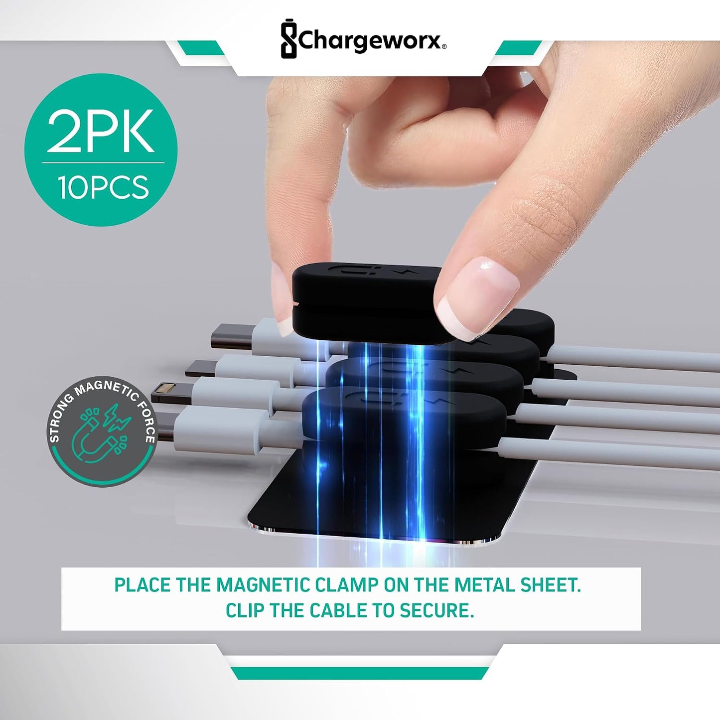 Chargeworx Magnetic Cable Clips - Cord Holder Organizer, No Drill Self-Adhesive Base, Cable Organizer, Repositionable Magnetic Clips, 5-Pack, USB-C Lightning Micro-USB, Desk Nightstand Wall Car, Black
