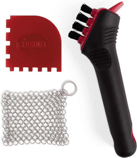 Cuisinel Cast Iron Scrubber Cleaning Brush + Pan/Grill Scraper - Skillet and Grill Cleaner Kit - Soft-Touch Confident-Grip Dish Scrub Tool - Tough on Grease, Gentle on Metal and Non-Stick Cookware