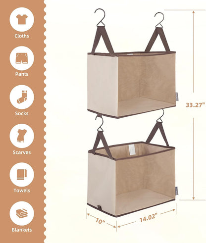 STORAGE MANIAC 2-Tier Hanging Closet Organizer, Fabric Storage Baskets with Hooks, Closet Shelves for Dorm Room, Apartment, Bedroom, Garment Rack & Wardrobe, Ivory