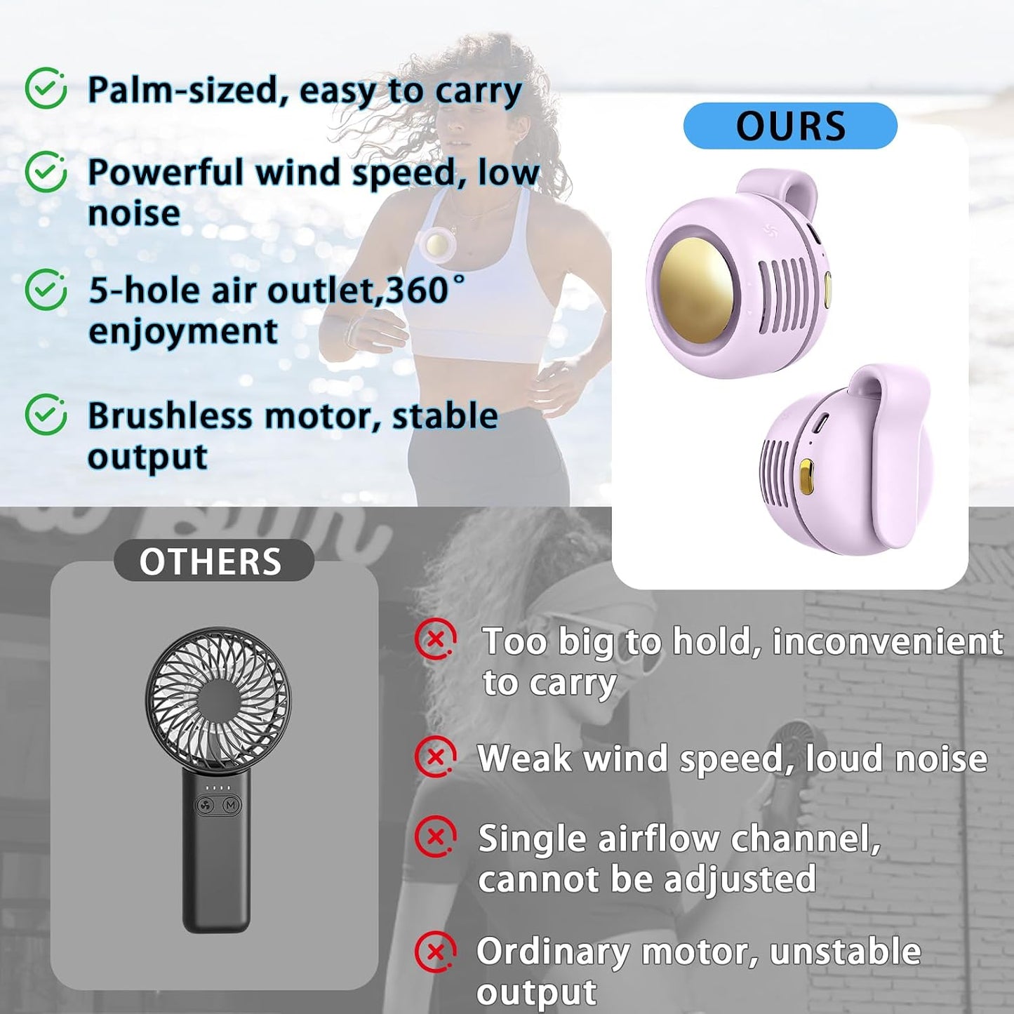 Portable Clip-On Fan, Mini USB Rechargeable 360° Rotatable Fan, Personal Fan 3-Speed Silent Mini Bladeless Fans