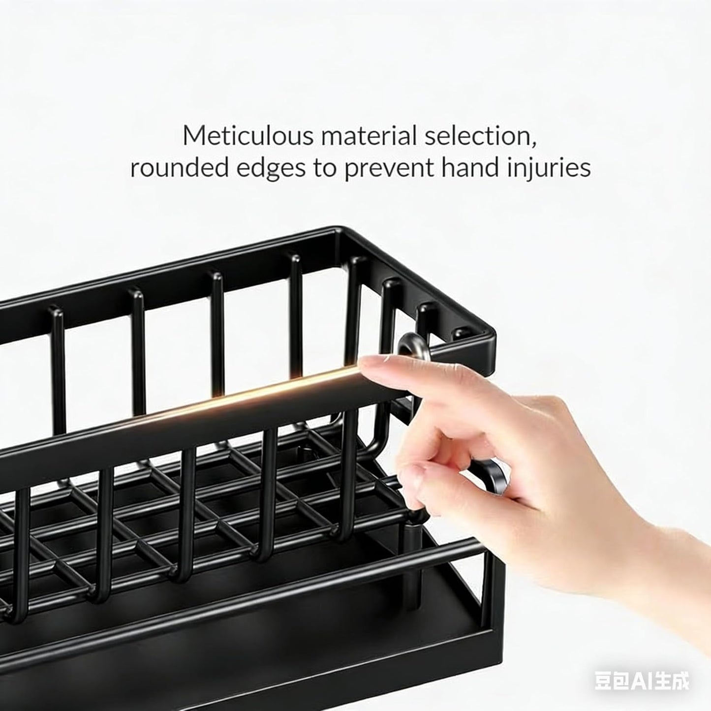 Stainless Steel Sink Caddy – Sponge Holder with Self-Drain Tray, Suction Cups & Adhesive Hook, 3-in-1 Kitchen Organizer for Sponge, Brush, Scrubber,Black