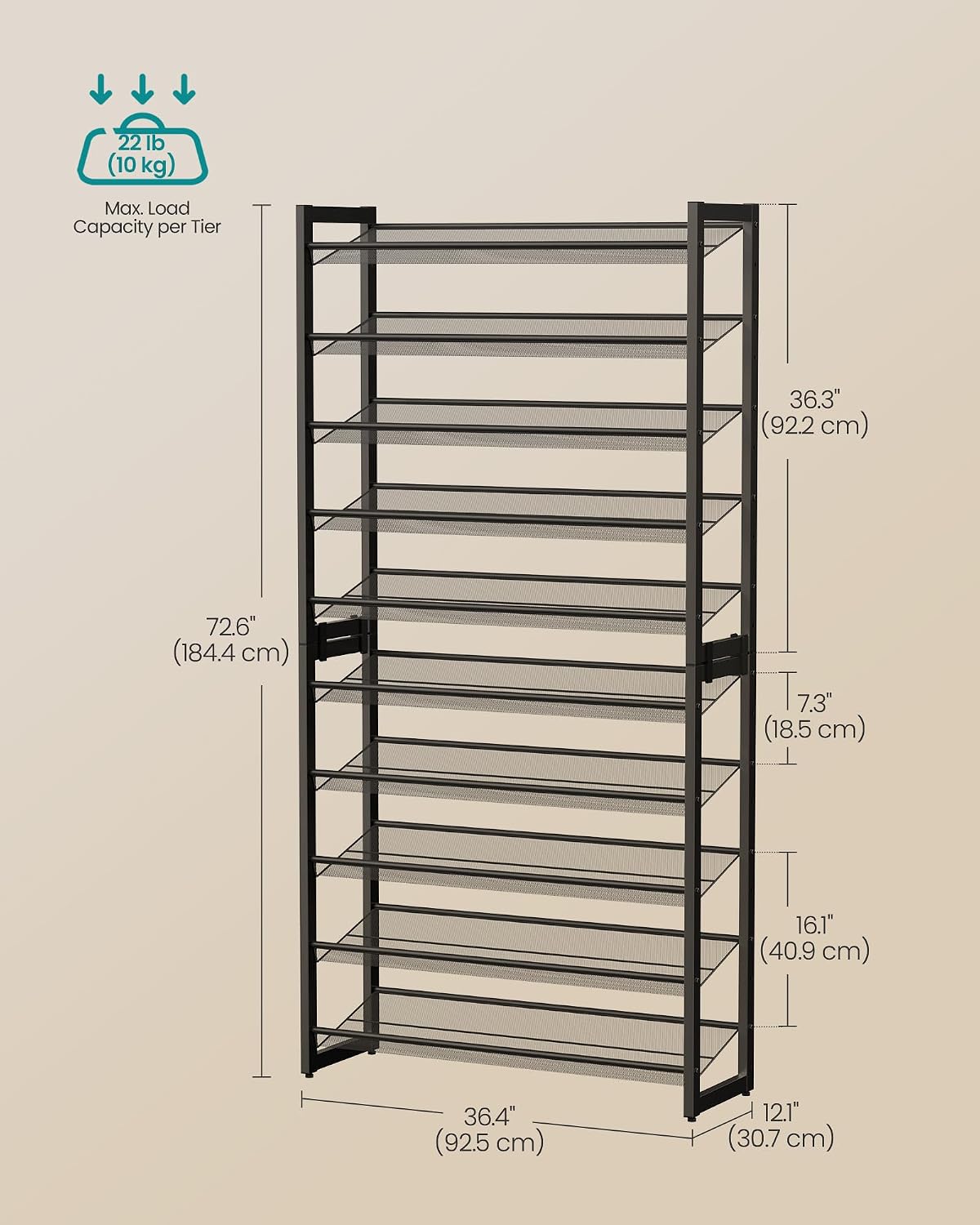 SONGMICS Shoe Rack, 12-Tier Shoe Organizer, Metal Shoe Storage for Garage, Entryway, Set of 2 6-Tier Stackable Shoe Shelf, with Adjustable Flat or Angled Shelves, Holds 48-60 Pairs, Black ULMR12B