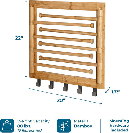 Honey-Can-Do Bamboo Wall-Mount Swivel-Arm Drying Rack, 80 lb, Natural | Wall-mount bamboo rack with 8 swivel arms holds 80 lb; folds to 1.7 in deep. Ships assembled with 5 steel hooks.