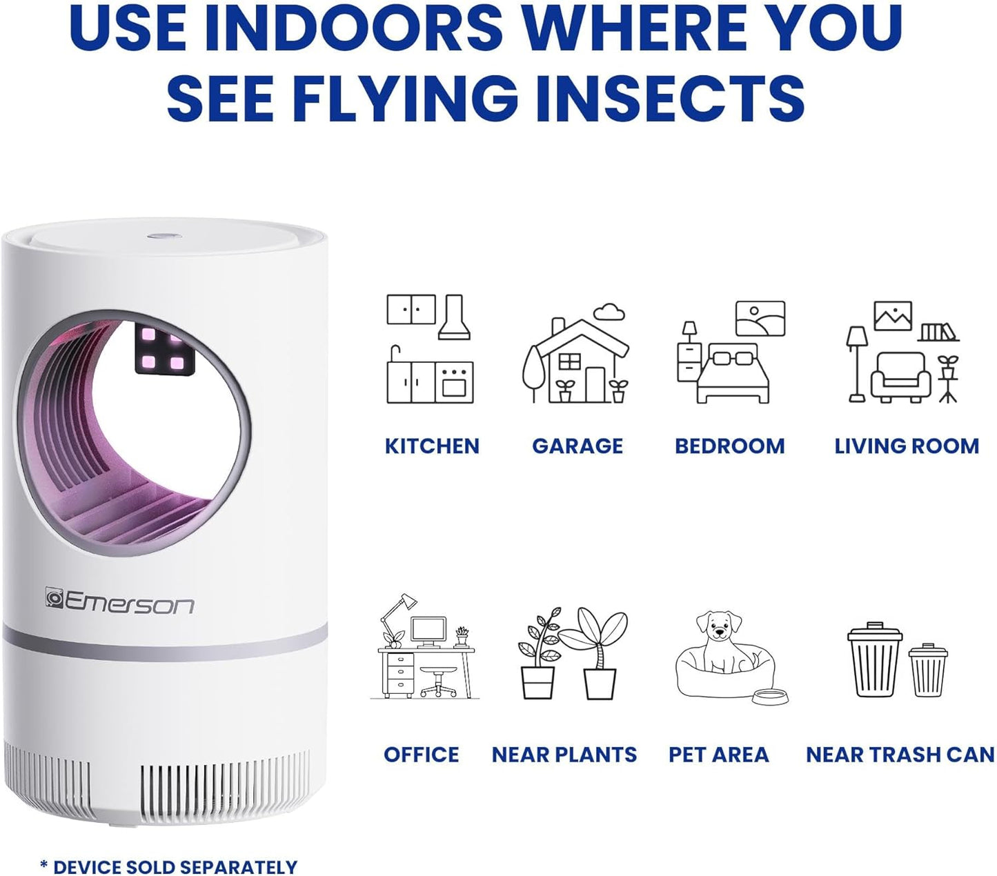 Emerson ITM8110 Indoor Portable Flying Bug Catcher with UV LED light & Fan Suction, 24/7 Mess Free Alternative for Catching Flies, Fruit Flies, Moths, Gnats & More - Includes 3 Replacement Glue Boards