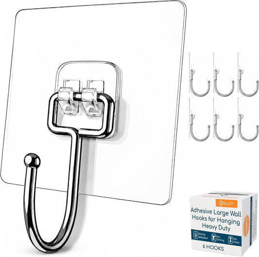 GLUIT Adhesive Wall Hooks for Hanging Heavy Duty 22 lbs Hooks for Walls No Drill, Towel Sticky Clear Hook, Waterproof, Home, Bathroom, Kitchen, Office, and Outdoor 12 Pack