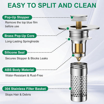 Bathroom Sink Drain Strainer,Universal Pop-Up Sink Stopper Hair Catcher, Anti-Clog Stainless Steel Drain Filter Basket, Removable Sink Drain for Bathroom Sink Stopper (Ysilver-2（with Buckle）)