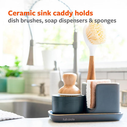 Full Circle Stash, Ceramic Kitchen Sink Caddy, Stylish Sponge Holder & Dish Brush Organizer, Easy to Clean, Dishwasher Safe, Rustproof, White and Gray, 11"