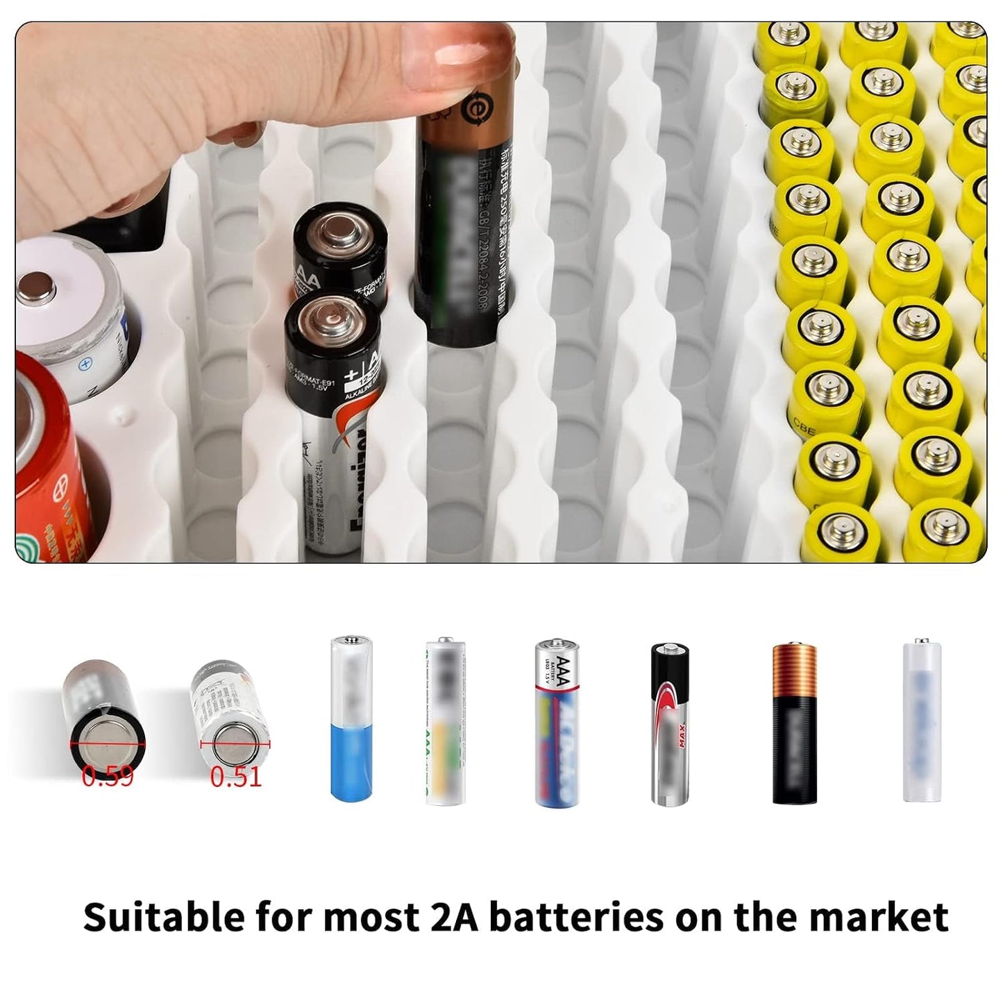 Xuerdon Battery Organizer Storage Case with Tester, 120+ Slots for Home | Hard Plastic for AA AAA C D 9V and Coin Cells, Wall-Mount/Drawer, Home Battery Managemt, Purple, Batteries Not Included