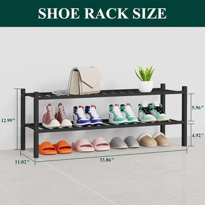 Smiry Bamboo Shoe Rack, 3 Tier Free Standing Wooden Shoe Organizer, Stackable Wood Shoe Storage Shelf for Closet, Entryway, 12 Vertical Slats, 2+1 Stack Standard Legs, 26.8"x11"x19.5", Natural