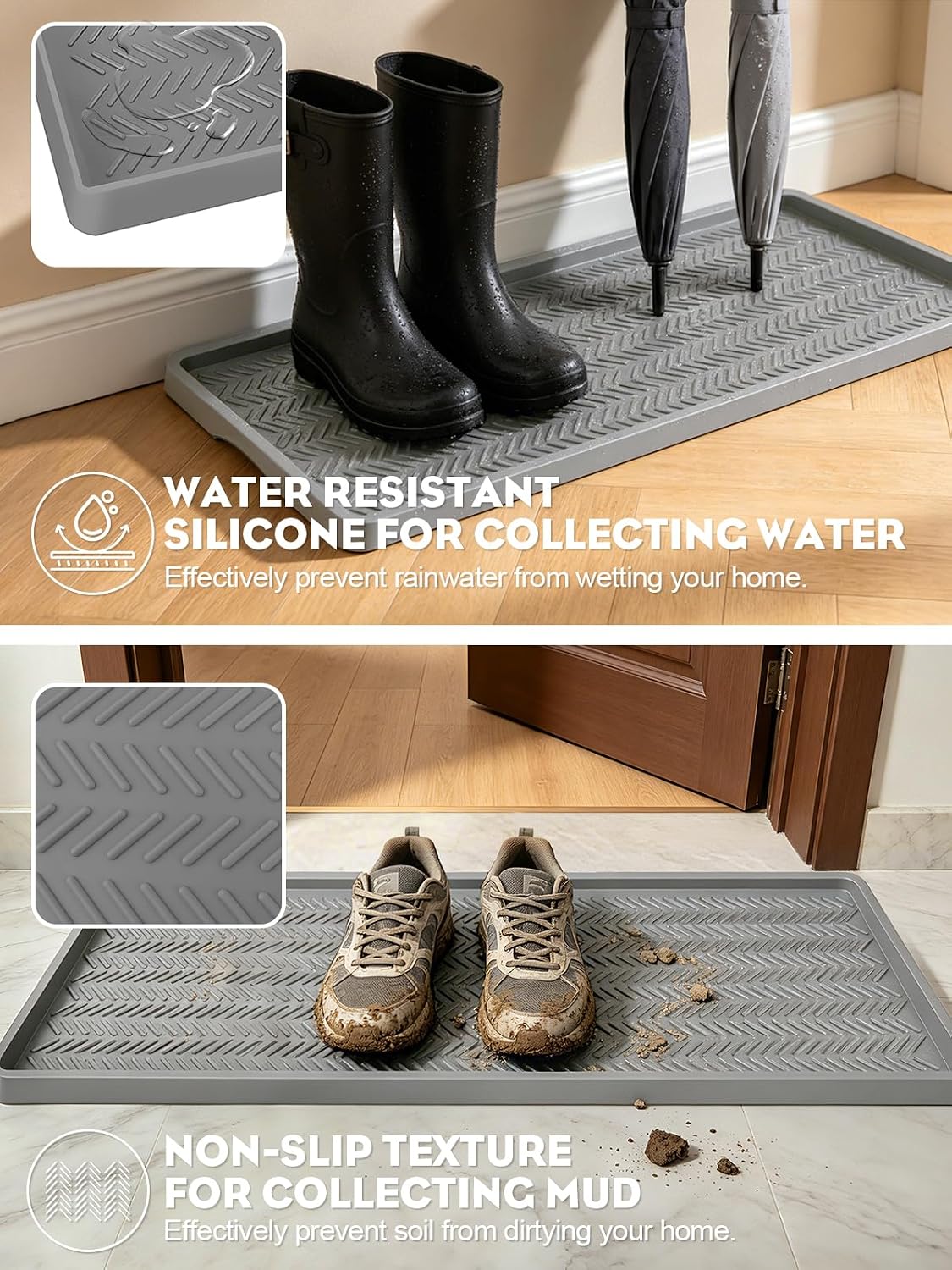 Kalolary Extra Large Boot Tray for Entryway, Silicone Shoe Trays Mat for Indoor Outdoor Use Non-Slip Shoe Mat Tray for Muddy & Wet Shoes Waterproof Shoe Rug for Front Door Patio Porch Room (30“x16“)