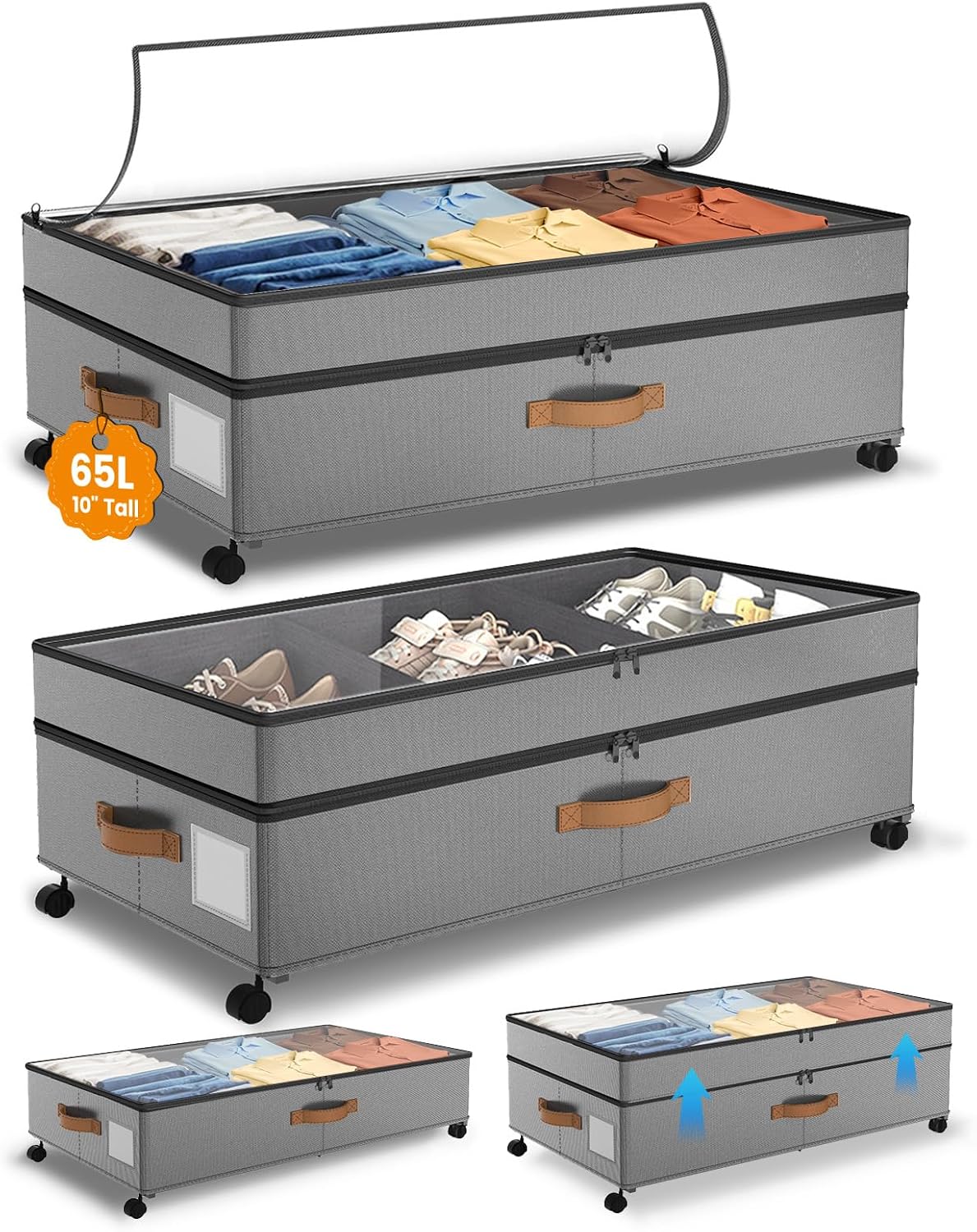 Under Bed Storage with Wheels, 10 inches Under Bed Storage Containers, 65L XXL Large Adjustable Underbed with Lids, Rolling Underbed Storage bins for Shoes, Clothes, Blankets, White