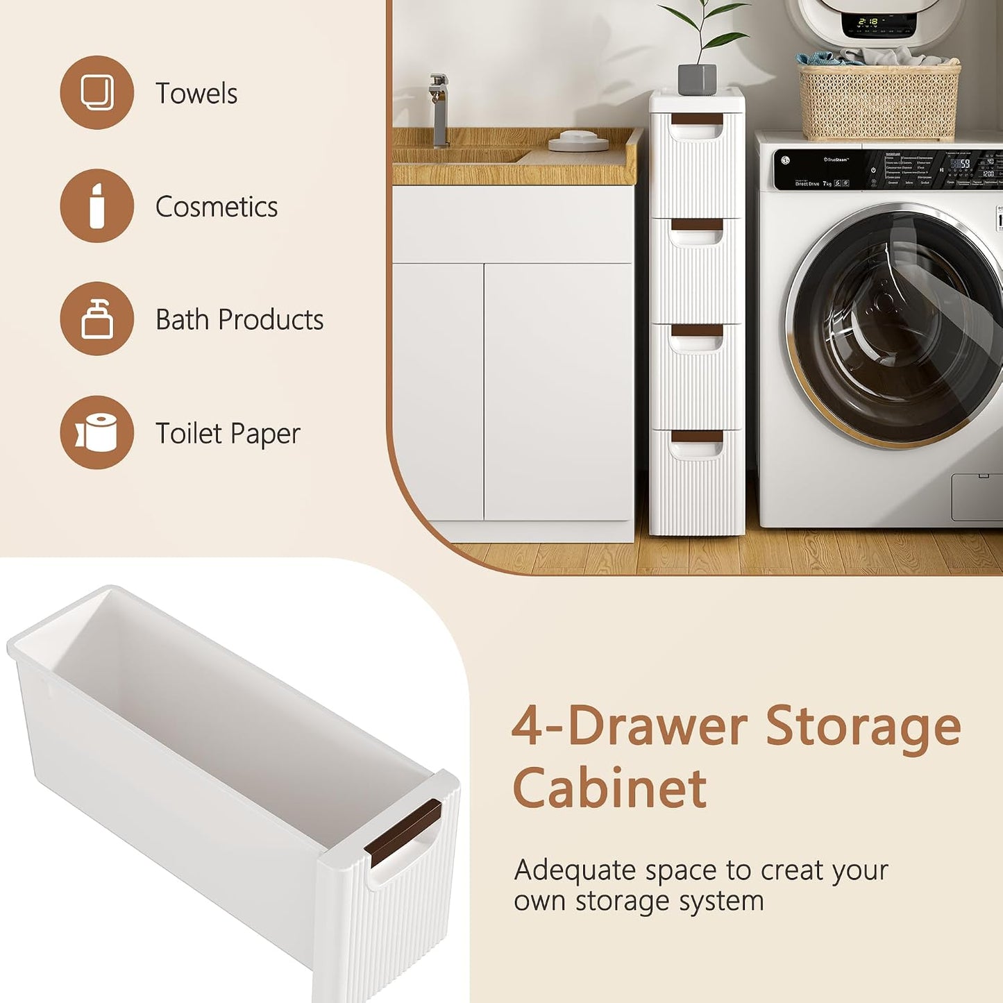 VECELO 3-Drawer Narrow Bathroom Storage Cabinet, Mobile Plastic Slim Rolling Organizer Cart with Built-in 4 Wheels for Living Room, Kitchen, Bathroom, Bedroom, Office, White(16.5" x 7.5" x 22.2")