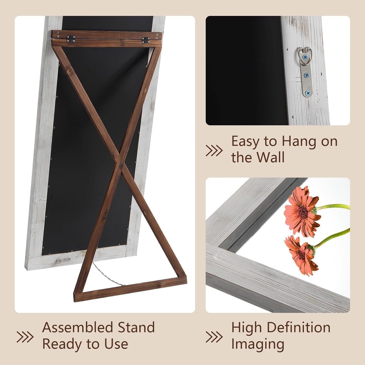 Rustic Standing Full Length Mirror Wood Frame, 56"X21" Farmhouse Floor Mirror for Bedroom Living Room Entryway, Hanging or Leaning Wall-Mounted Full Body Mirror, Tempered Glass, White