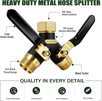 Garden Hose Splitter 2 Way Heavy Duty, Metal Body Water Hose Splitter | with Shut-Off Valve,360° Brass Swivel,3/4'' GHT Connector Full Flow Hose Bib Splitter, For Outdoor Spigot Faucet