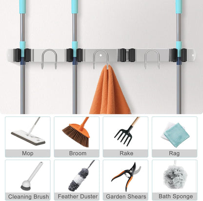 Broom Holder Wall Mount, Stainless Steel Mop Hanger with 4 Slots 6 Hooks, Tool Storage Wall Organizer for Kitchen Garden Garage Laundry Room Bathroom and RV, Black 1-Pack