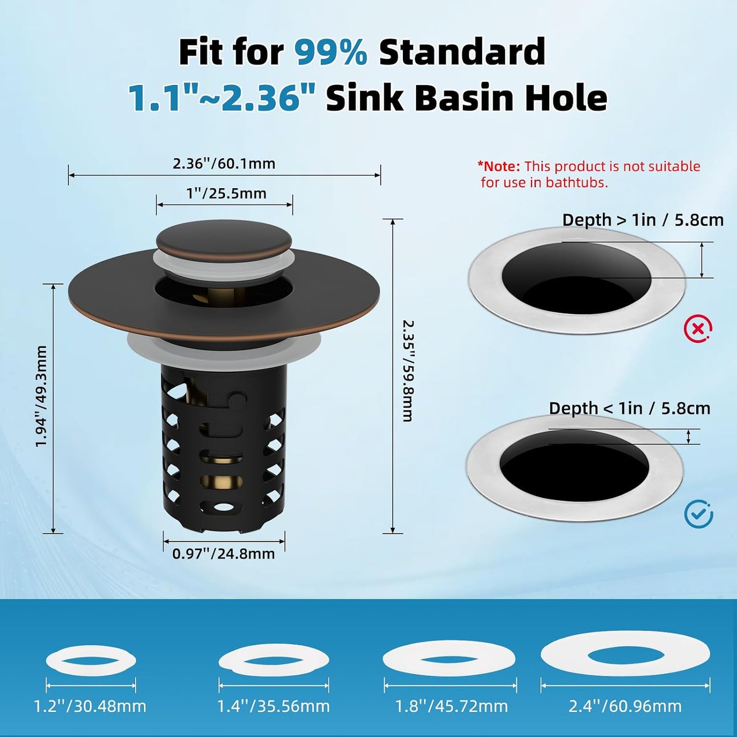 Universal Metal Bathroom Sink Drain Strainer Hair Catcher Upgraded 3 in 1 Pop-up Sink Stopper, with Detachable Stainless Steel Filter Basket, Fit for Standard 1.1''~2.36'' Basin Hole, Brushed Nickle