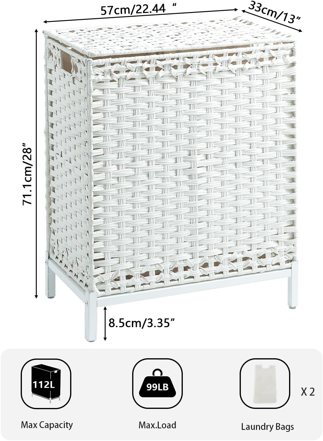SETVSON Laundry Hamper with Lid 132 L, (35 Gallons) Clothes Hamper with Lid, Handwoven Rattan Laundry Hamper with Metal Heightened Feet, Laundry Hampers with 3 Removable Liner Bags for Laundry-Natural