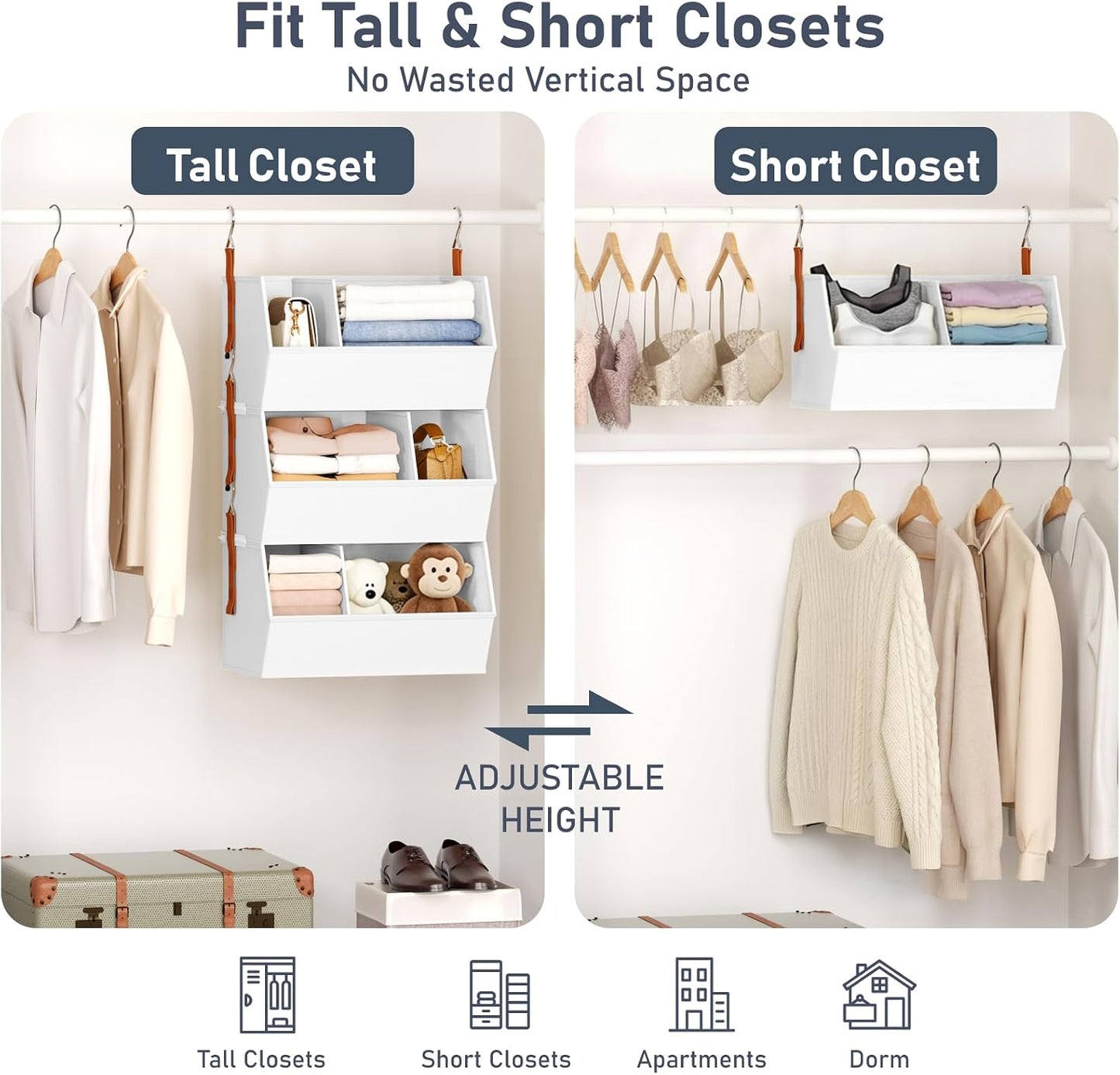 Hanging Closet Organizer Extra Large, Clothes Hanging Shelves for Closet with Divider, Collapsible Closet Storage System, Fabric Closet Hanging Organizer for Home, Dorm, Rv, ,Handbags, Underwear, Sock
