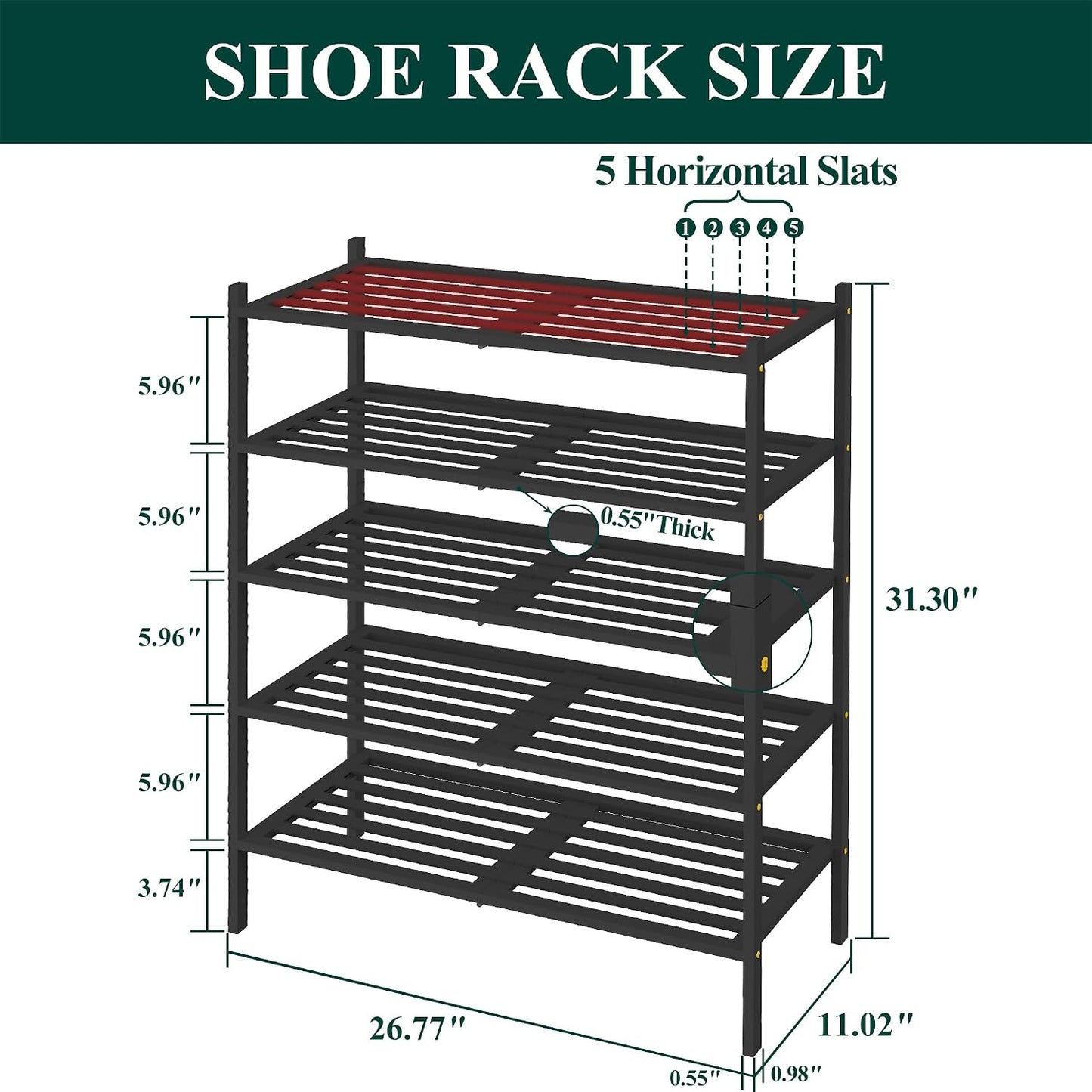 Smiry Bamboo Shoe Rack, 3 Tier Free Standing Wooden Shoe Organizer, Stackable Wood Shoe Storage Shelf for Closet, Entryway, 5 Horizontal Slats, 26.8"x11"x18.3", Natural