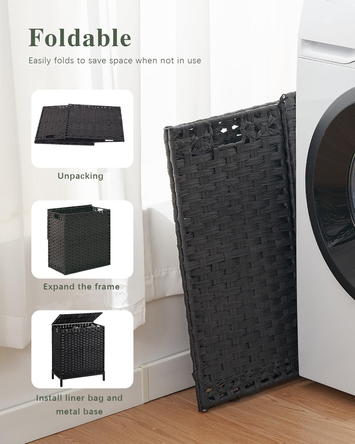 SETVSON Laundry Hamper with Lid 132 L, (35 Gallons) Clothes Hamper with Lid, Handwoven Rattan Laundry Hamper with Metal Heightened Feet, Laundry Hampers with 3 Removable Liner Bags for Laundry-Natural
