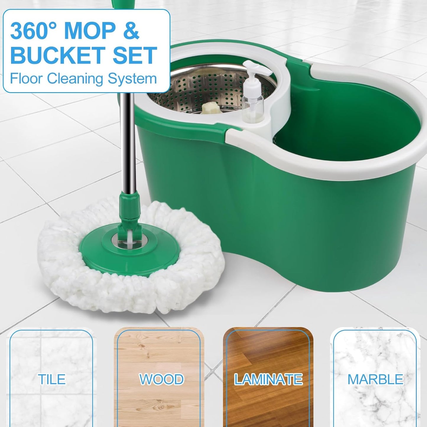 Spin Mop and Bucket with Wringer Set, 360° Rotating Head Mop Bucket System with 3 Microfiber Mop Refills Wet and Dry Suitable for Office and Home Use, Green (Black-Plus)