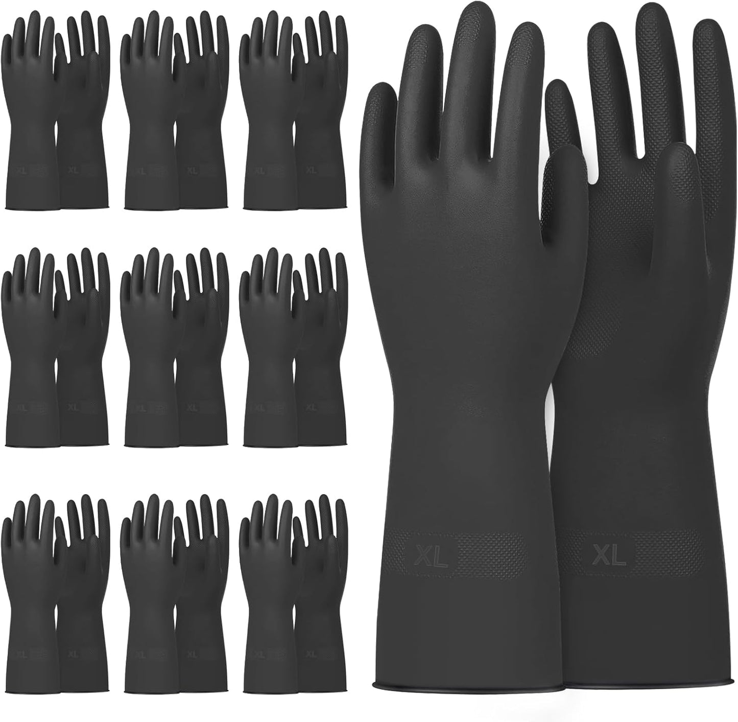 Beieverluck 10 Pairs Chemical Resistant Gloves, Reusable Heavy Duty Rubber Work Gloves with Textured Palm, Black Cleaning Dishwashing Gloves, X-Large