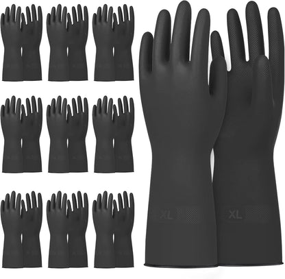 Beieverluck 10 Pairs Chemical Resistant Gloves, Reusable Heavy Duty Rubber Work Gloves with Textured Palm, Black Cleaning Dishwashing Gloves, X-Large
