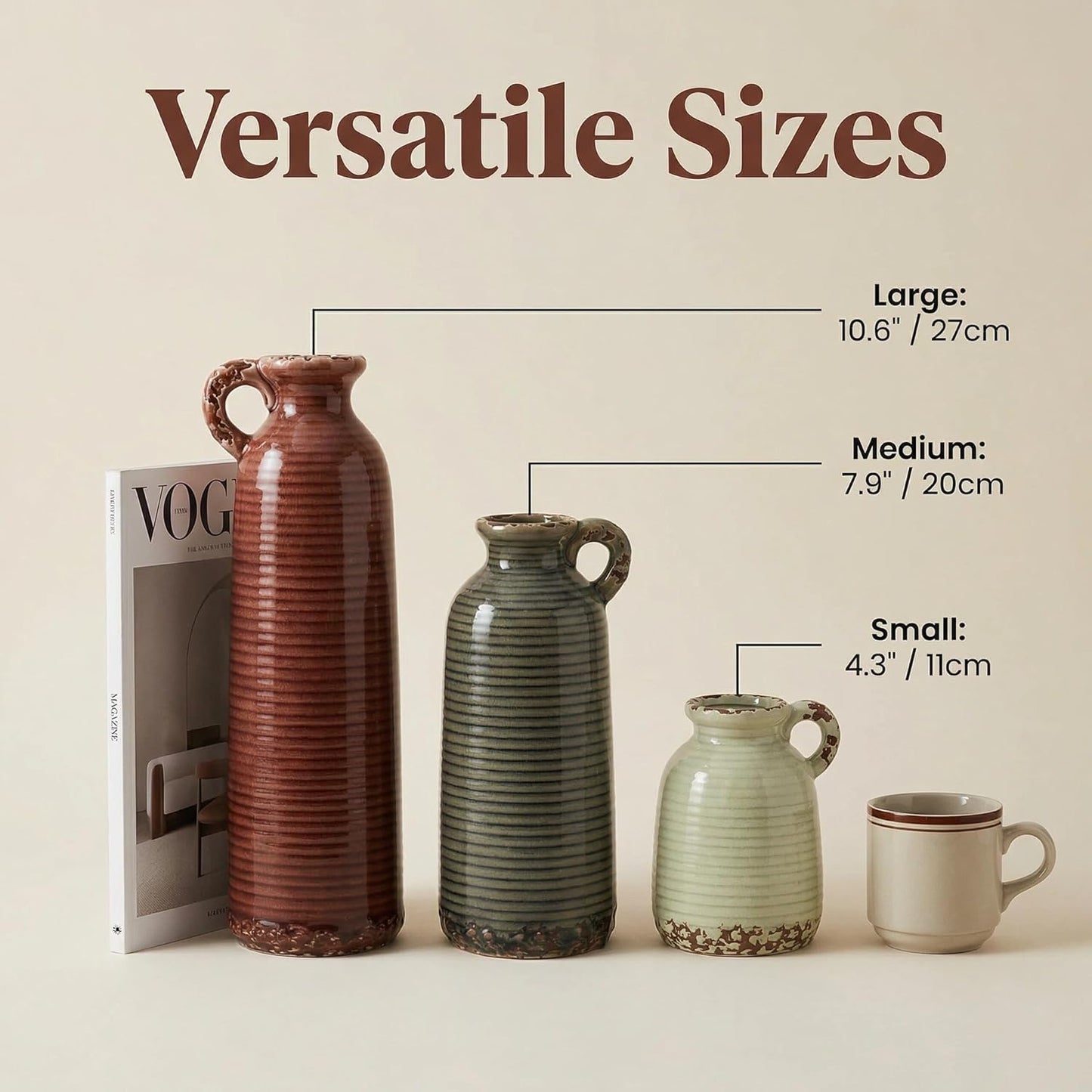 Ceramic Vase Set of 3 with Handles, Green White Neutral Rustic Modern Farmhouse Boho Decor, Versatile as Table Centerpiece or Mantel & Shelf Accent - Unique Home Gift Idea