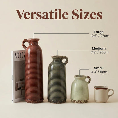 Ceramic Vase Set of 3 with Handles, Green White Neutral Rustic Modern Farmhouse Boho Decor, Versatile as Table Centerpiece or Mantel & Shelf Accent - Unique Home Gift Idea