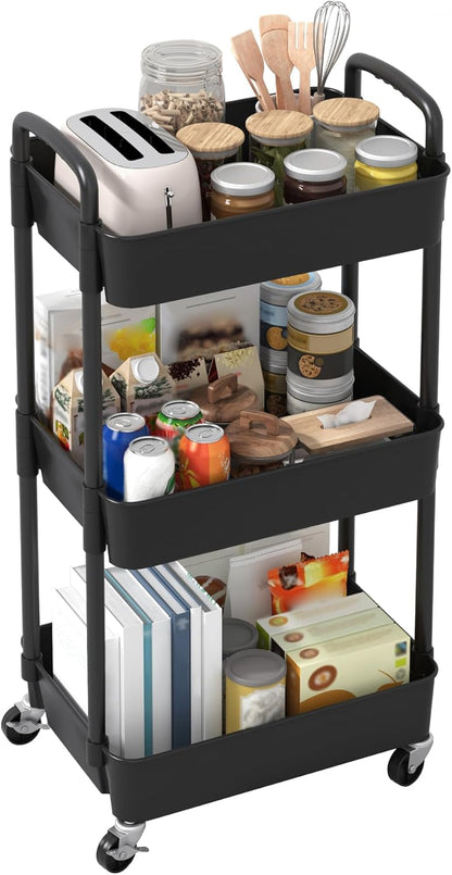 Sywhitta 4-Tier Plastic Rolling Utility Cart with Handle, Multi-Functional Storage Trolley for Office, Living Room, Kitchen, Movable Storage Organizer with Wheels, Black