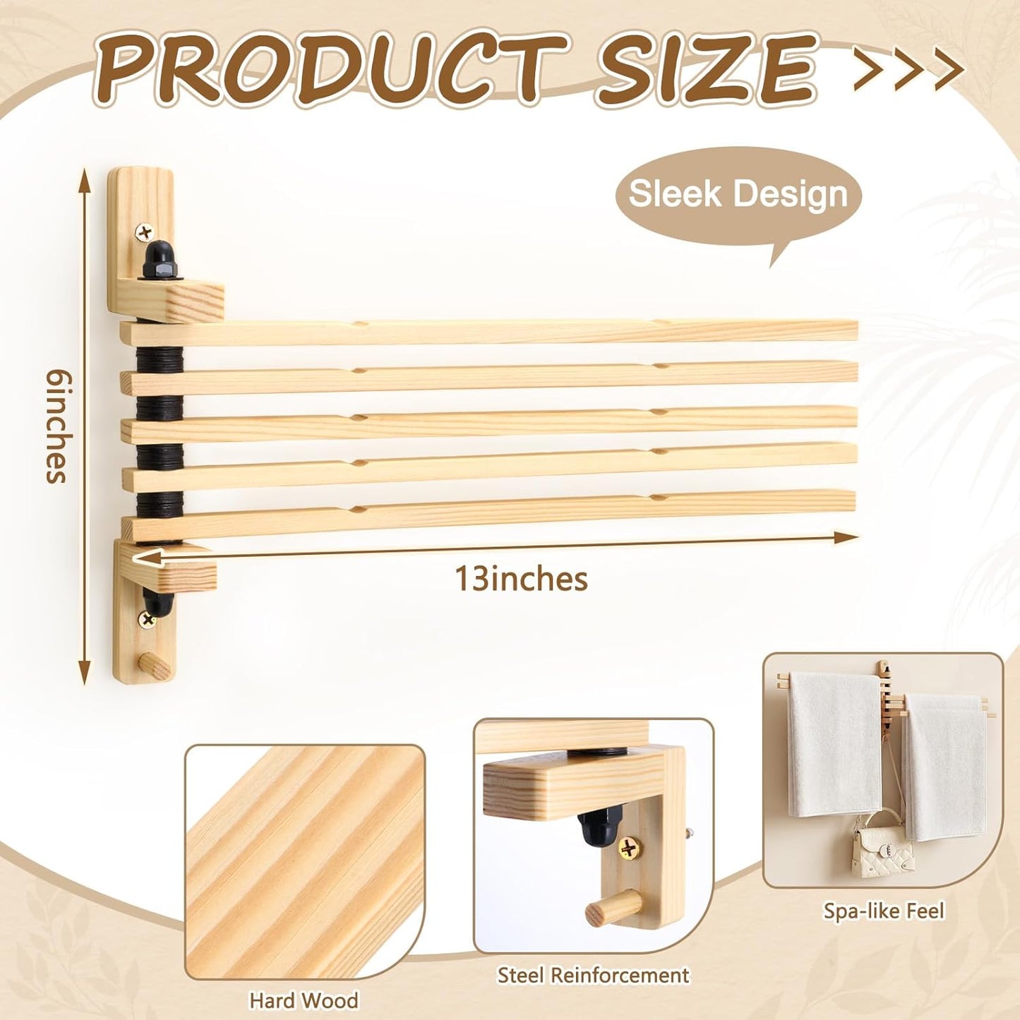 9 x 13 Inch Wood Swivel Towel Rack Wall Mounted Foldable Drying Rack with Anti-Slip Arms, Space Saving Towel Holder for Bathroom Laundry Room Closet, Pine Wood Hanger (5 Bar)