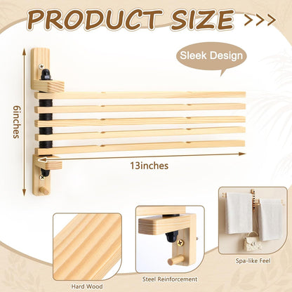 9 x 13 Inch Wood Swivel Towel Rack Wall Mounted Foldable Drying Rack with Anti-Slip Arms, Space Saving Towel Holder for Bathroom Laundry Room Closet, Pine Wood Hanger (5 Bar)