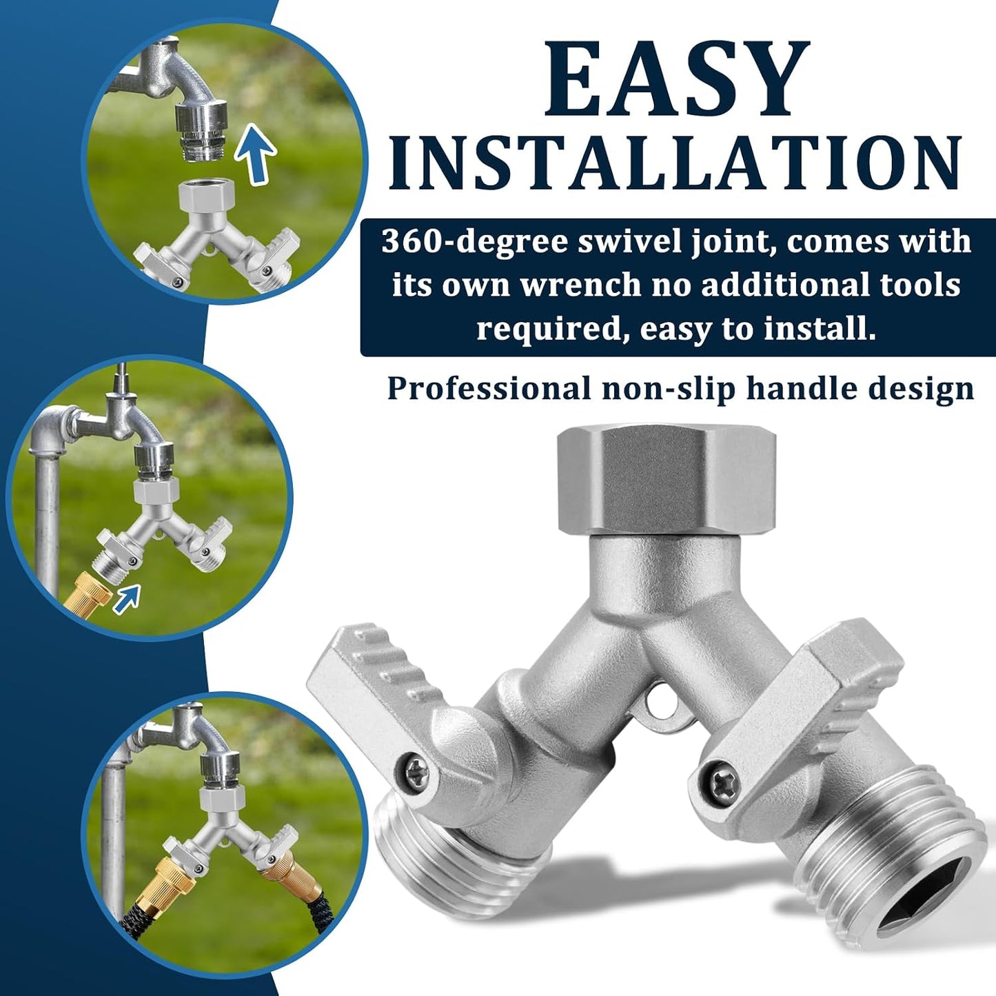 4 Way Garden Hose Splitter, 304 Stainless Steel Outdoor Faucet Splitter with 4 Individual Shut Off Valves, 3/4" GHT High Flow Hose Bib Spigot Connector