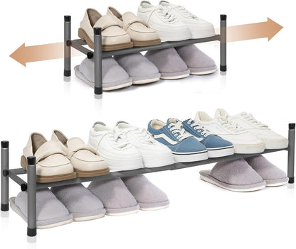 STORAGE MANIAC Expandable Shoe Rack for Closet, 8 Pairs Stackable Small Shoe Rack, Metal Adjustable Shoes Organizer for Entryway, Hallway, Garage, Front Door, Shoes Shelves, Black 2 Tier