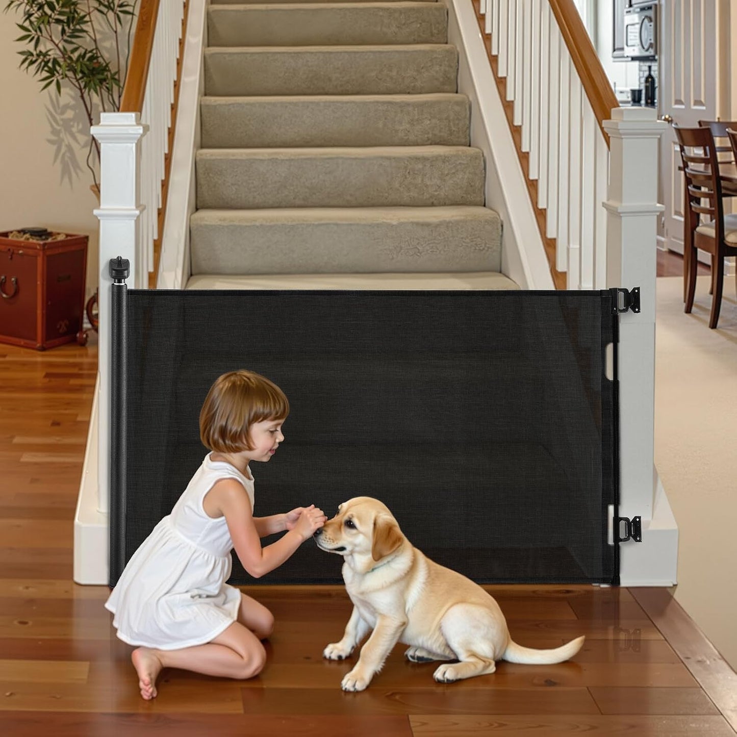 VEVOR Retractable Baby Gate, Extends to 202.7 inch Extra Wide, 39 inch Tall, with Reinforced Fiberglass Strips, Avoids Crawling Through, Mesh Dog Gate for Decks, Doorways, Garages, Indoor, Black